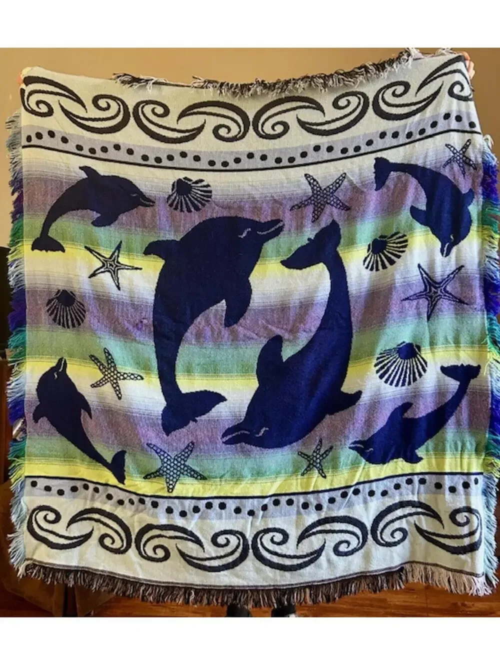 Reversible Ocean-Themed Throw Blanket with Dolphins and Starfish